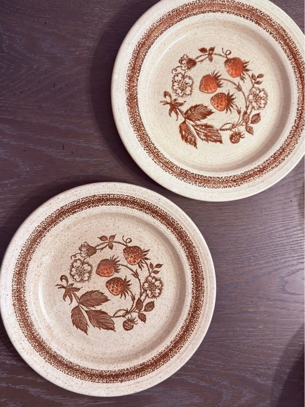 Stoneware Dinner Plates with Strawberry Motif — Cream and Brown
